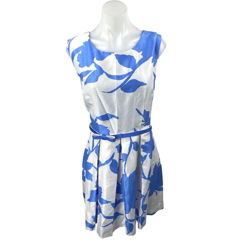 Julian Taylor White Blue Satin Floral Sleeveless Belt Mini Fit & Flare Dress 10